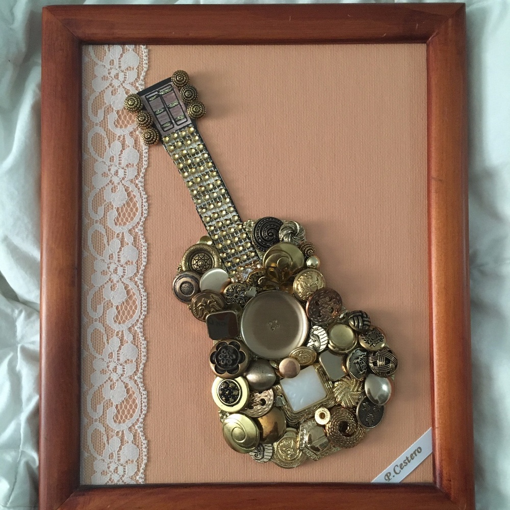 GUITAR Button Artwork on canvas, wall art, framed